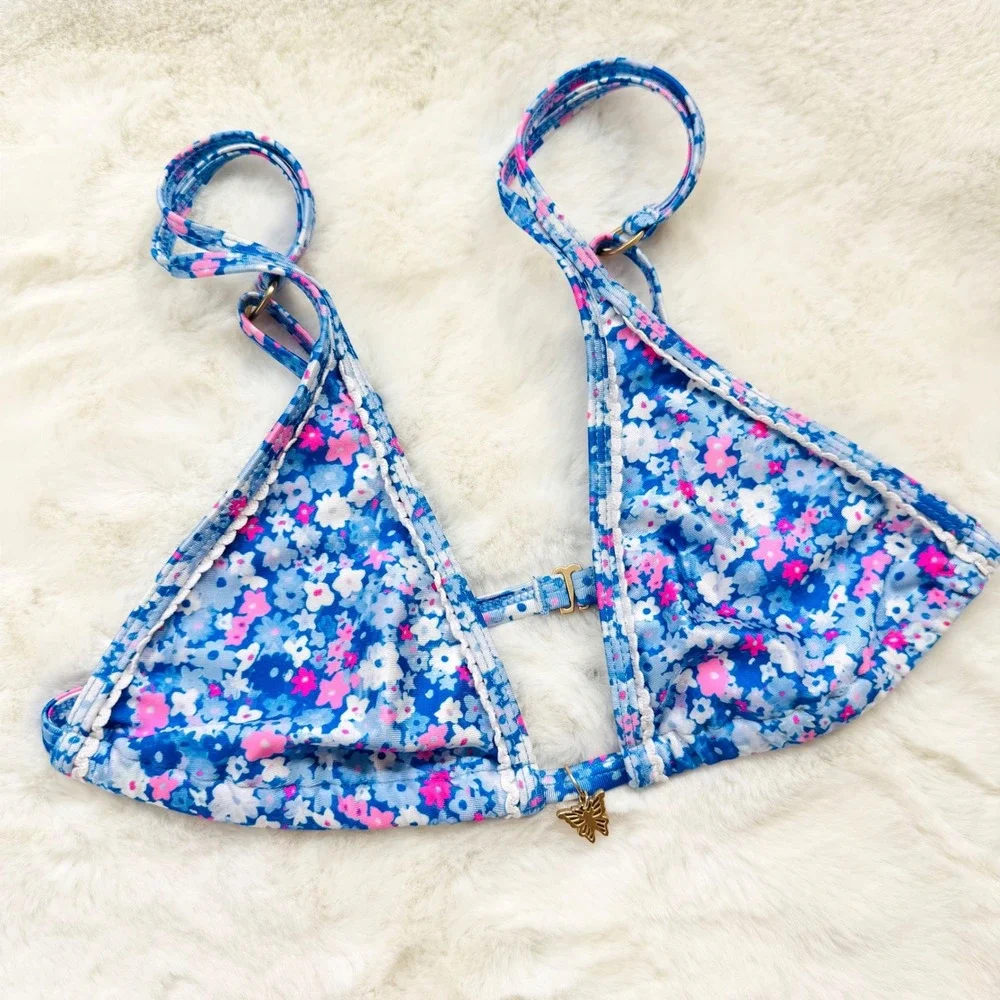 Kulani Kinis Blue Floral Triangle Bikini Set Small Womens